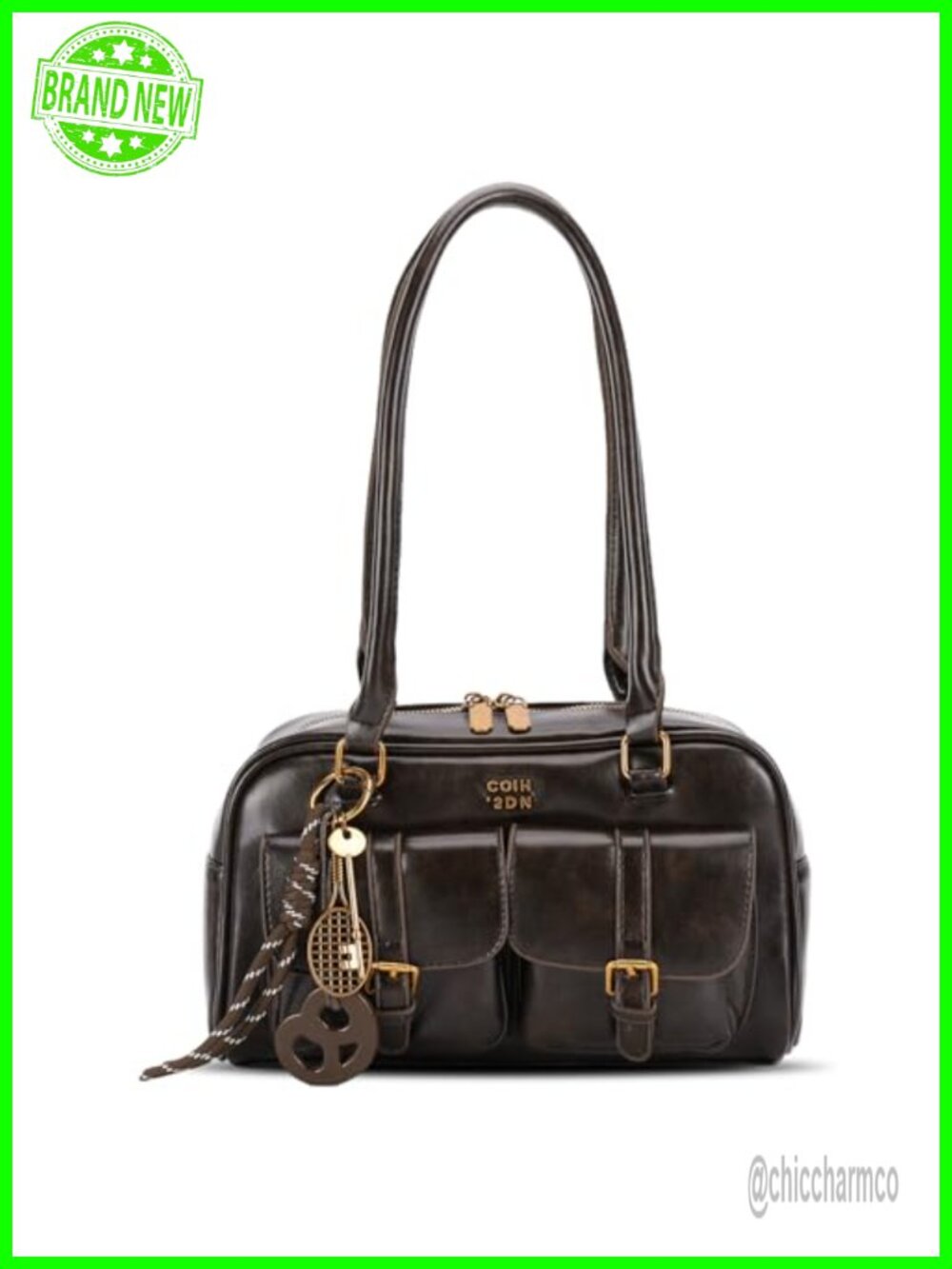 PU Leather Shoulder Bag Retro Top Handle Multiple Pockets Designer Handbag